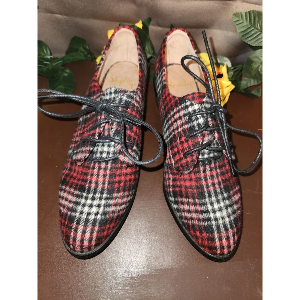 Shellys London Red Plaid Tweed Oxford Shoes Lace Up Low Heel Flats Size 9